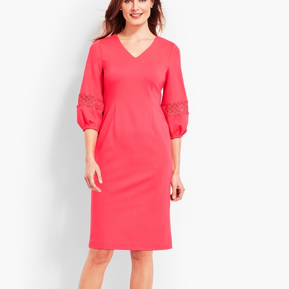 Talbots Petites Coral Red Sheath Dress Size 8P Lace Crochet Puff Sleeve V-Neck